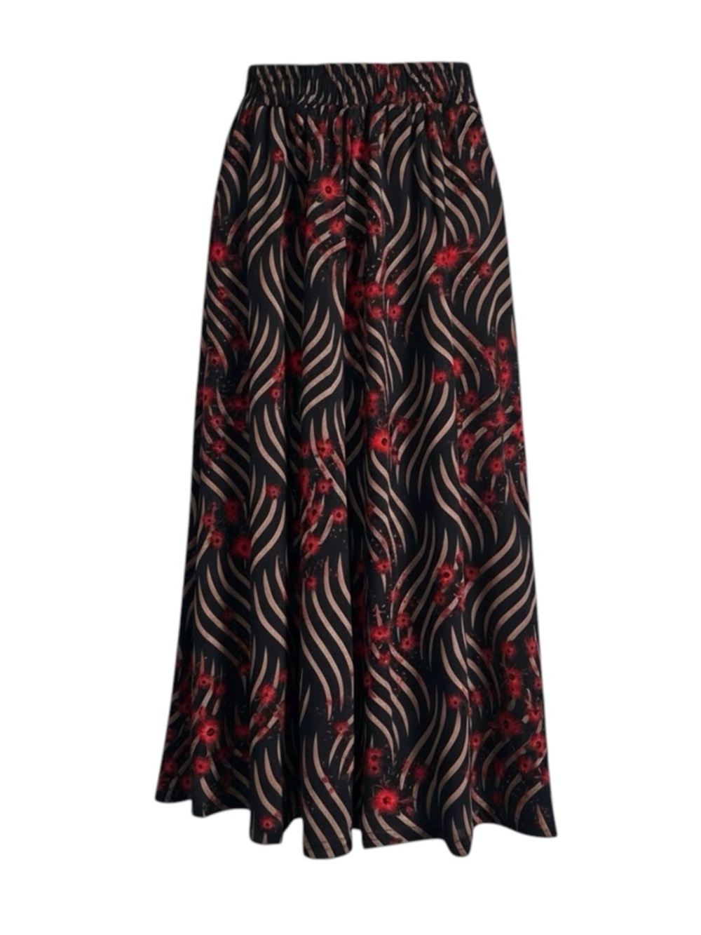 Black and Red Floral Wave Maxi Skirt With Pockets
